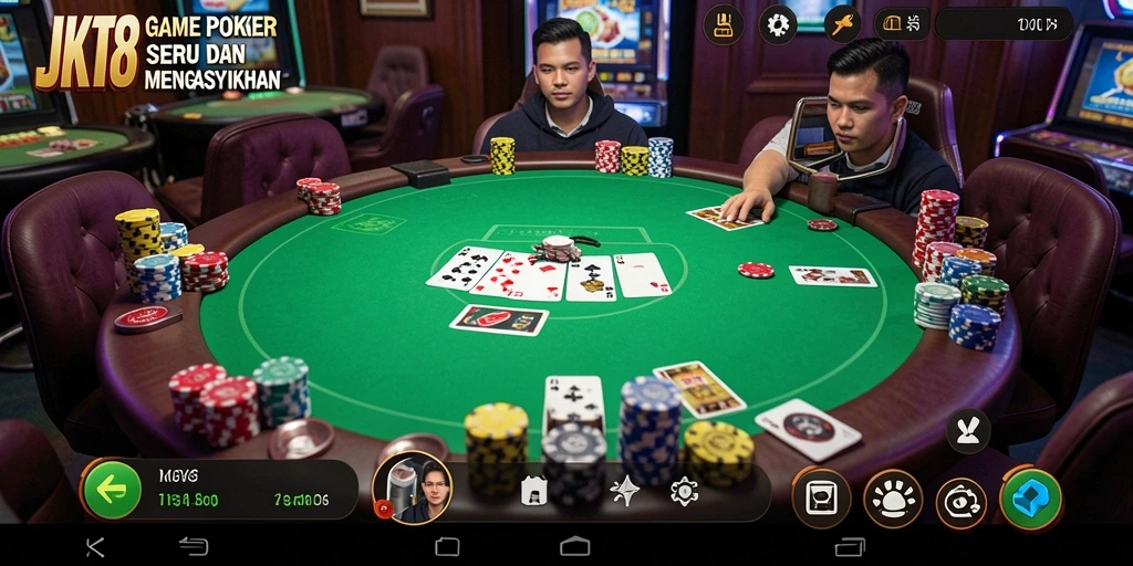 Screenshot JKT8 menampilkan gameplay poker yang mendebarkan dan interaktif.